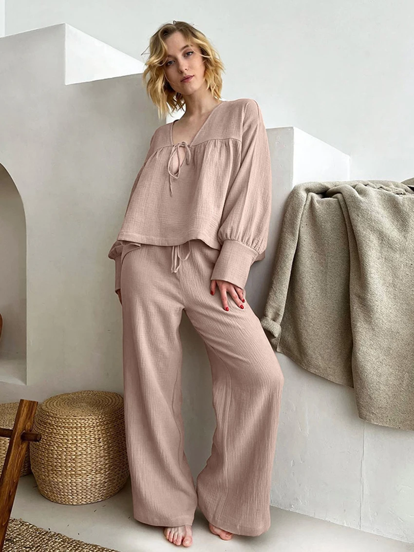 

Marthaqiqi Pink Ladies Nightwear Set Sexy V-Neck Sleepwear Lace Up Pajamas Long Sleeve Nightgowns Pants Cotton Women Home Clothe