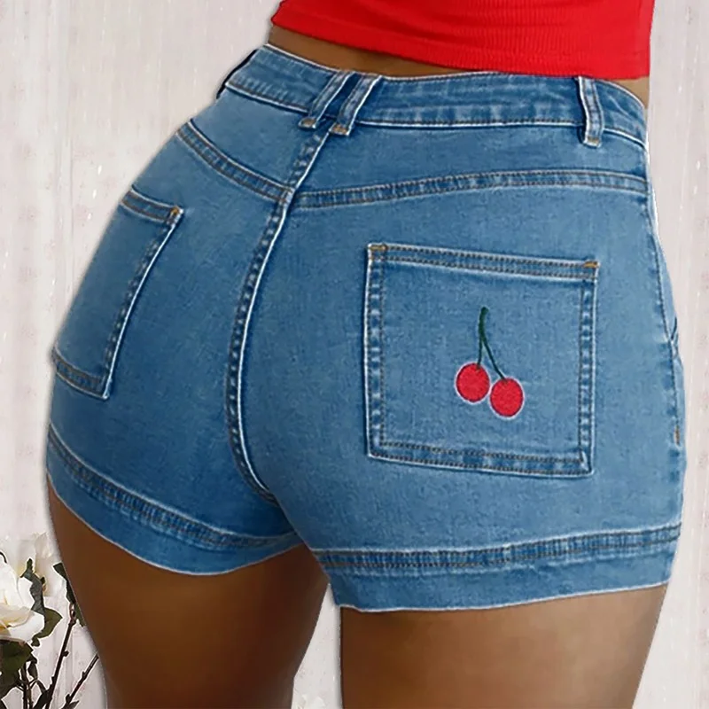 Women Summer Cherry Print Short Jeans High Waist Denim Female Pockets Wash Denim Shorts Short Pants Woman Summer Women's Pants