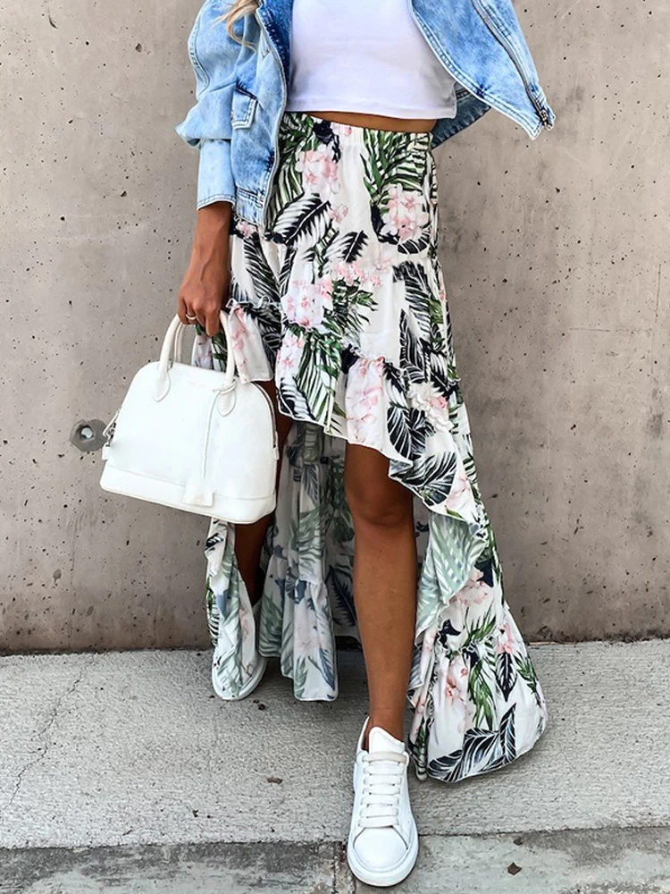 Женская Асимметричная юбка с цветочным принтом длинная высокой эластичной