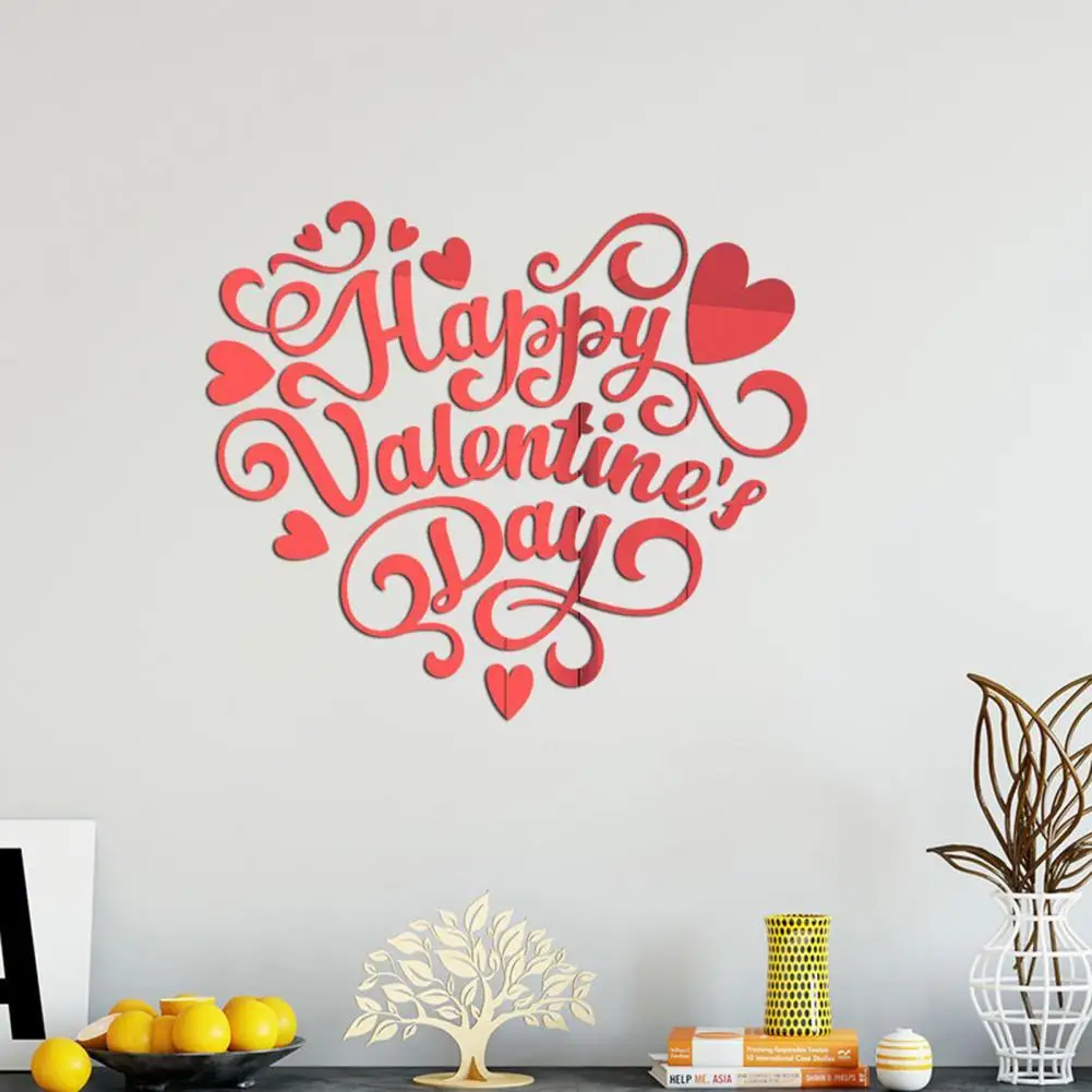 

Valentines Day Wall Sticker Romantic Decorative Acrylic Happy Valentines Day Heart Mirror Decal Decor for Anniversary