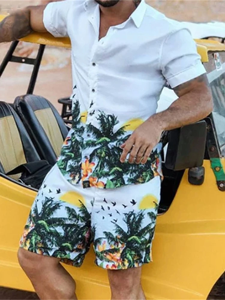 

2 Piece Set Men Summer Shorts Set Beach Hawaiian Lapel Button Shirt+Elastic Waist Shorts Male Set Floral Pattern Holiday Outfit