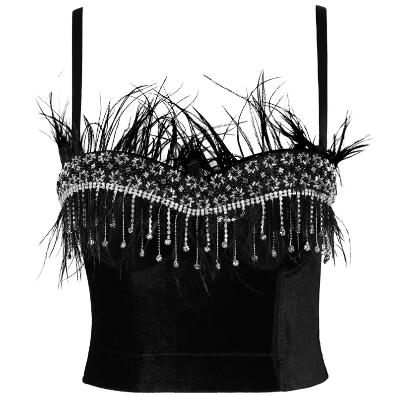 

Diamond-Studded Performance Costume Sling Lingerie Sexy Women's Corsets Top Halter Lingerie Wrapped Rim Feather Tassels Corset