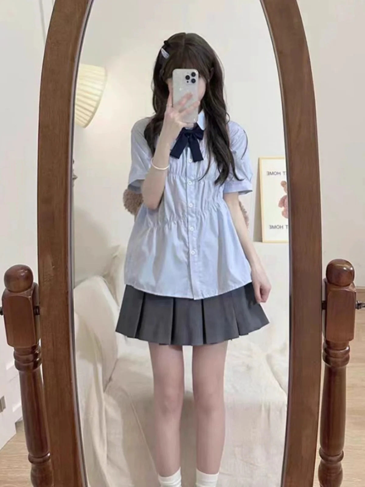 Preppy Blue Shirts Women Jk Uniform Set Summer Short sleeve Korean Series Pleat Shirt Top Design Sense