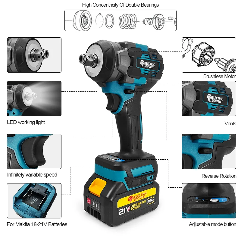 Бесщеточный электрический ударный гайковерт EGOD 500 Нм 3300 об/мин регулируемая