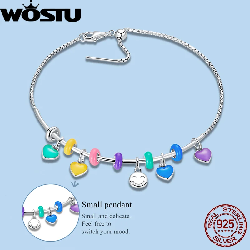 

WOSTU 925 Sterling Silver European Simple Bangle Wrist Bracelets For Women Original Rainbow Heart Charms Bead DIY Jewelry Making