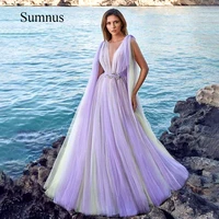 lavender a line prom dresses deep v neck with cape sleeve beach evening gown tulle summer party dress vestidos de fiesta 2022