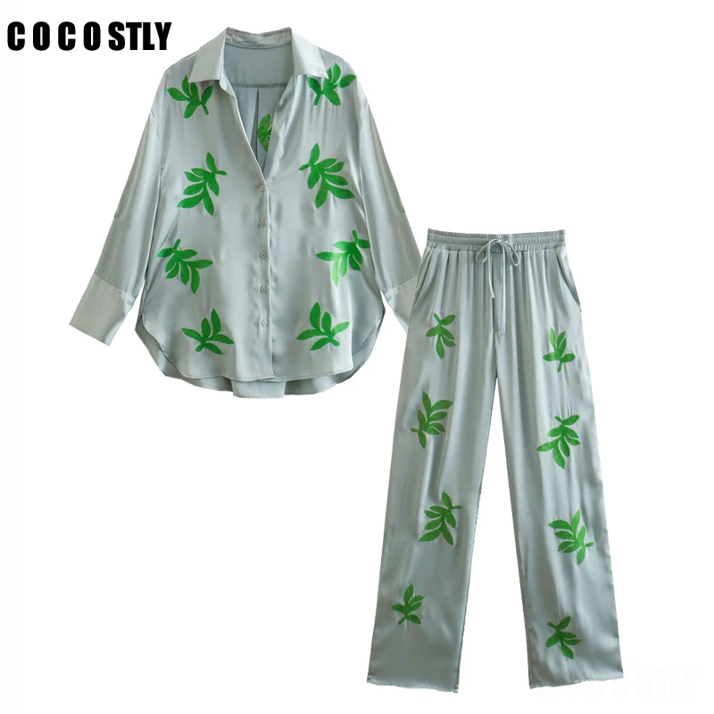 

2022 New Spring Autumn Women Fashion Embroidery Satin Loose Shirt + Elastic Waist Pants Suit Female Lady Streetwear Blouse Tops