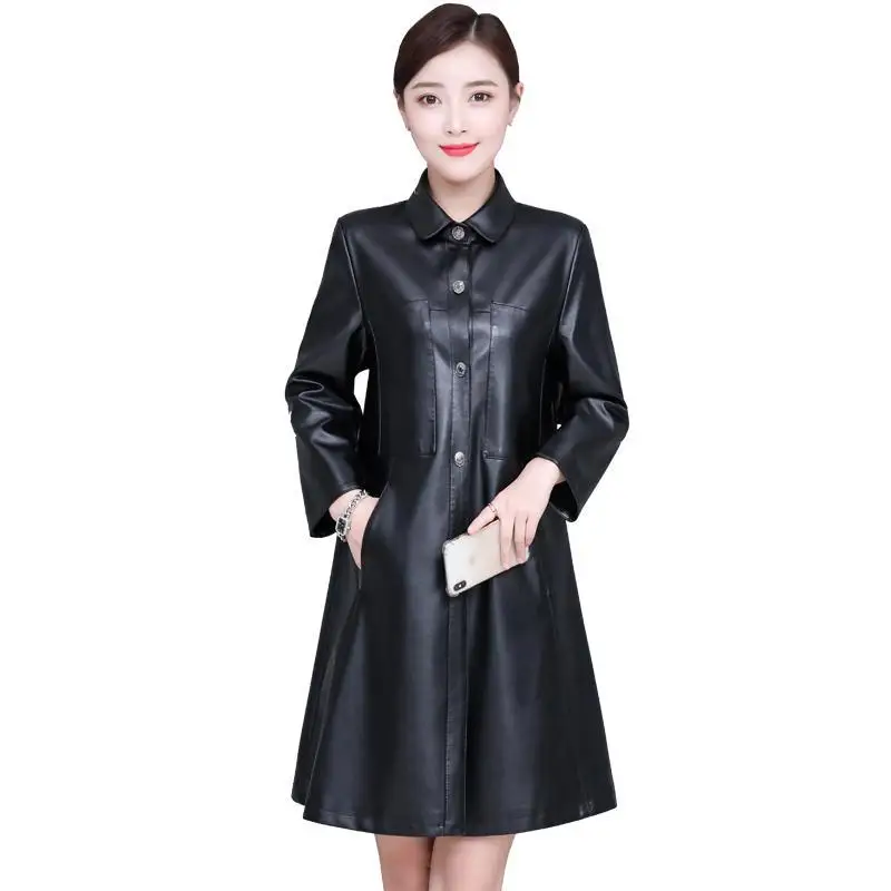 Autumn Winter Long Casual Genuine Leather Jacket Women New Fashion Streetwear Slim Sheepskin Coat Black Female Clothing Tops