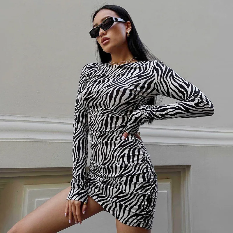 

Женское мини-платье с принтом зебры, облегающее платье с длинным рукавом и круглым вырезом, сексуальная уличная одежда, модное женское плат...