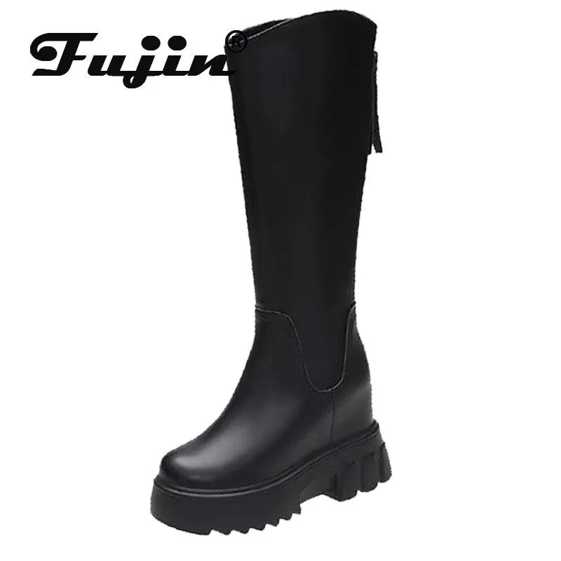 

Fujin/зимние сапоги до середины икры в стиле панк из искусственной кожи до середины голени; Женские теплые плюшевые сапоги на танкетке; Сезон о...