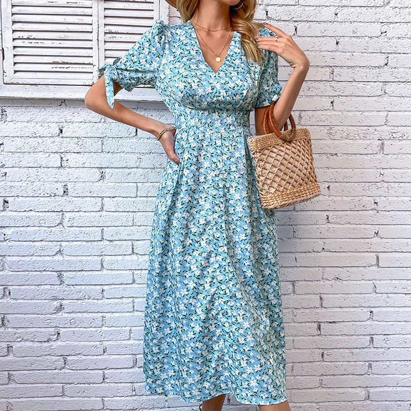

Summer new fashion women's V-neck slim floral dress beach boho dress