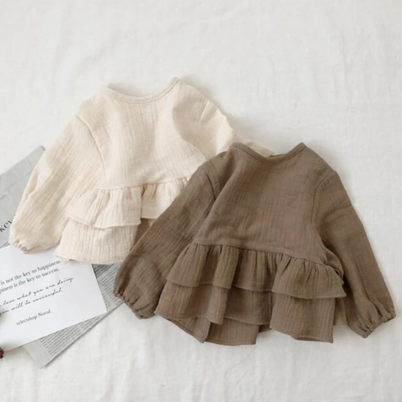 

Детская одежда, топы для девочек, сезон весна-осень, однотонная хлопковая футболка из пряжи для младенцев, модная одежда для маленьких детей с оборками