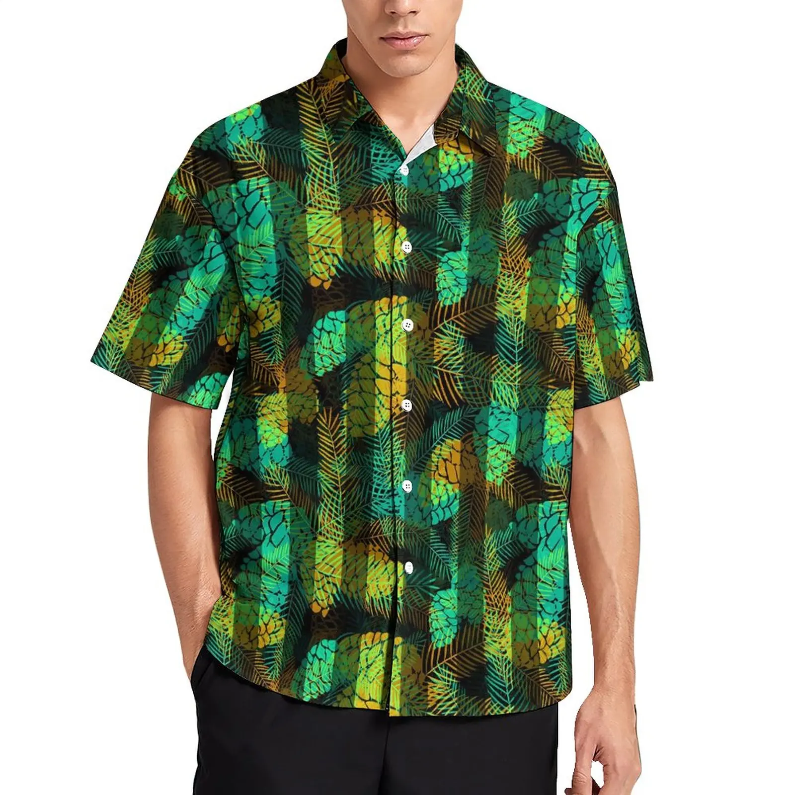 

Green Pine Cones Blouses Man Stripes Print Casual Shirts Hawaiian Short-Sleeved Printed Cool Oversized Vacation Shirt Gift Idea