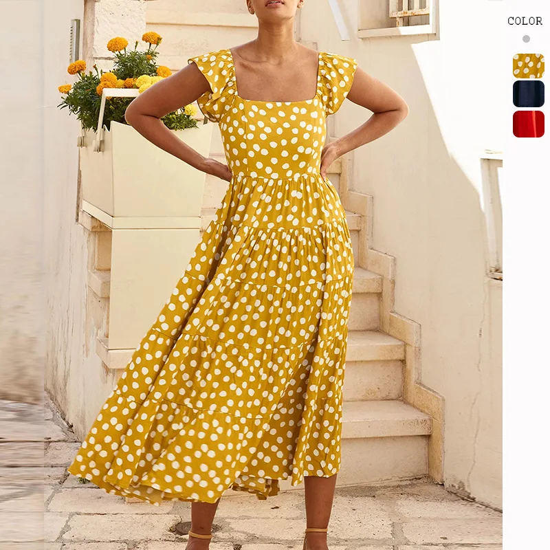 

2023 European and American Print Lotus Leaf Sleeve Large Swing Dress Female