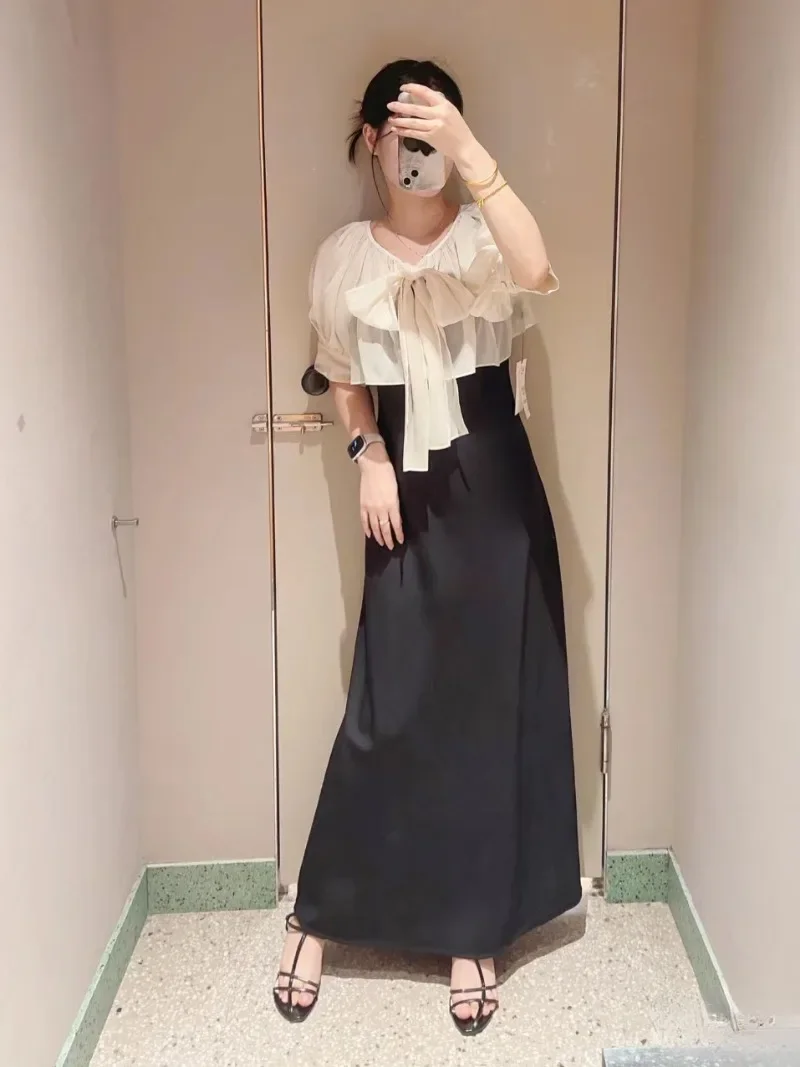 Прямое платье Kuzuwata с V-образным вырезом и бантом на воротнике пышными рукавами