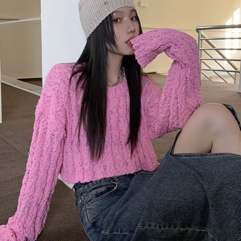 Женский трикотажный свитер с длинным рукавом свободный Однотонный круглым