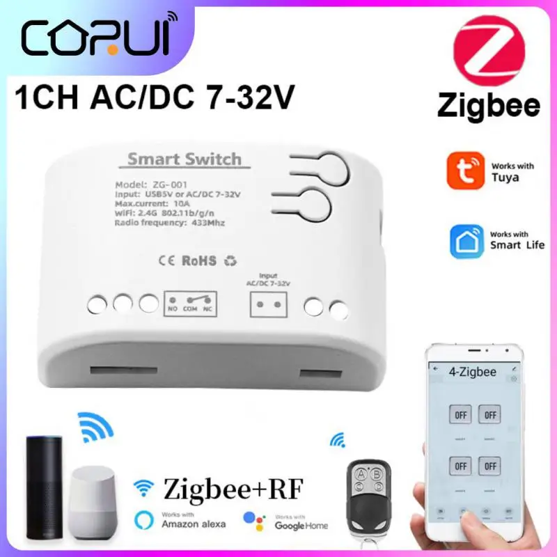 

CORUI Tuya Zigbee Garage Door Receiver 1CH RF Smart Switch 7-32V AC DC Remote Control Rele Relay Interlock Tuya 433 Light Switch