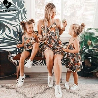 new 2022 mother daughter boho summer dresses sleeveless leaf print beach dress mom mommy and me dress family matching outfits