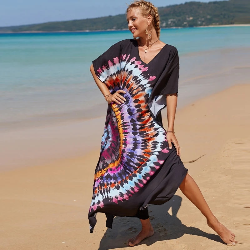 

Scrollwork Art Tie Dye Kaftan Maxi Dress Women Elegant Flowy Oversized Boho Summer Caftan Rayon Resortwear Thailand Tunic Robe