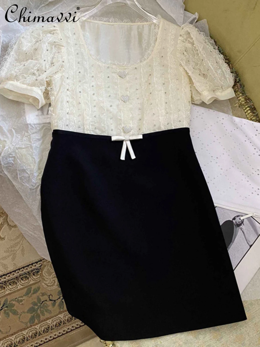 

Новинка лета 2022, роскошное платье, французское милое кружевное платье с пышными рукавами и коротким рукавом, приталенное платье с высокой т...