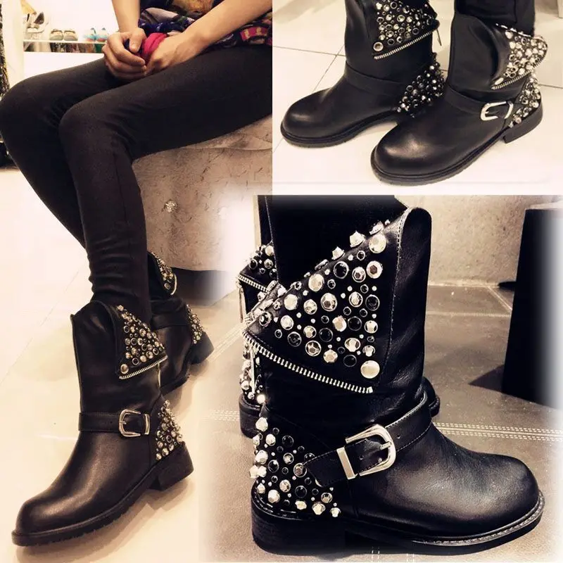 

Женские сапоги до колена, с круглым носком и заклепками, на молнии