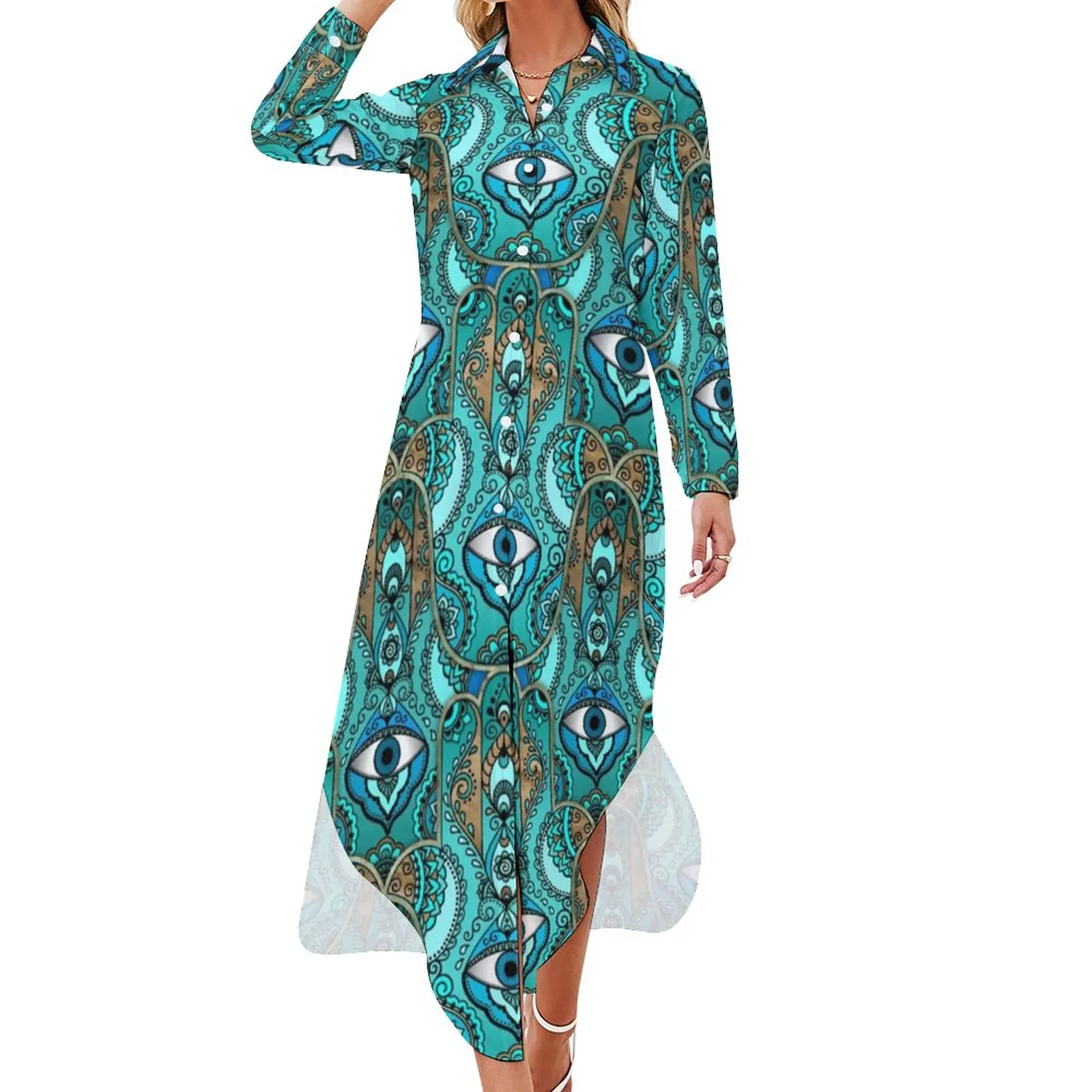 

Женское шифоновое платье с длинным рукавом, V-образным вырезом и винтажным принтом