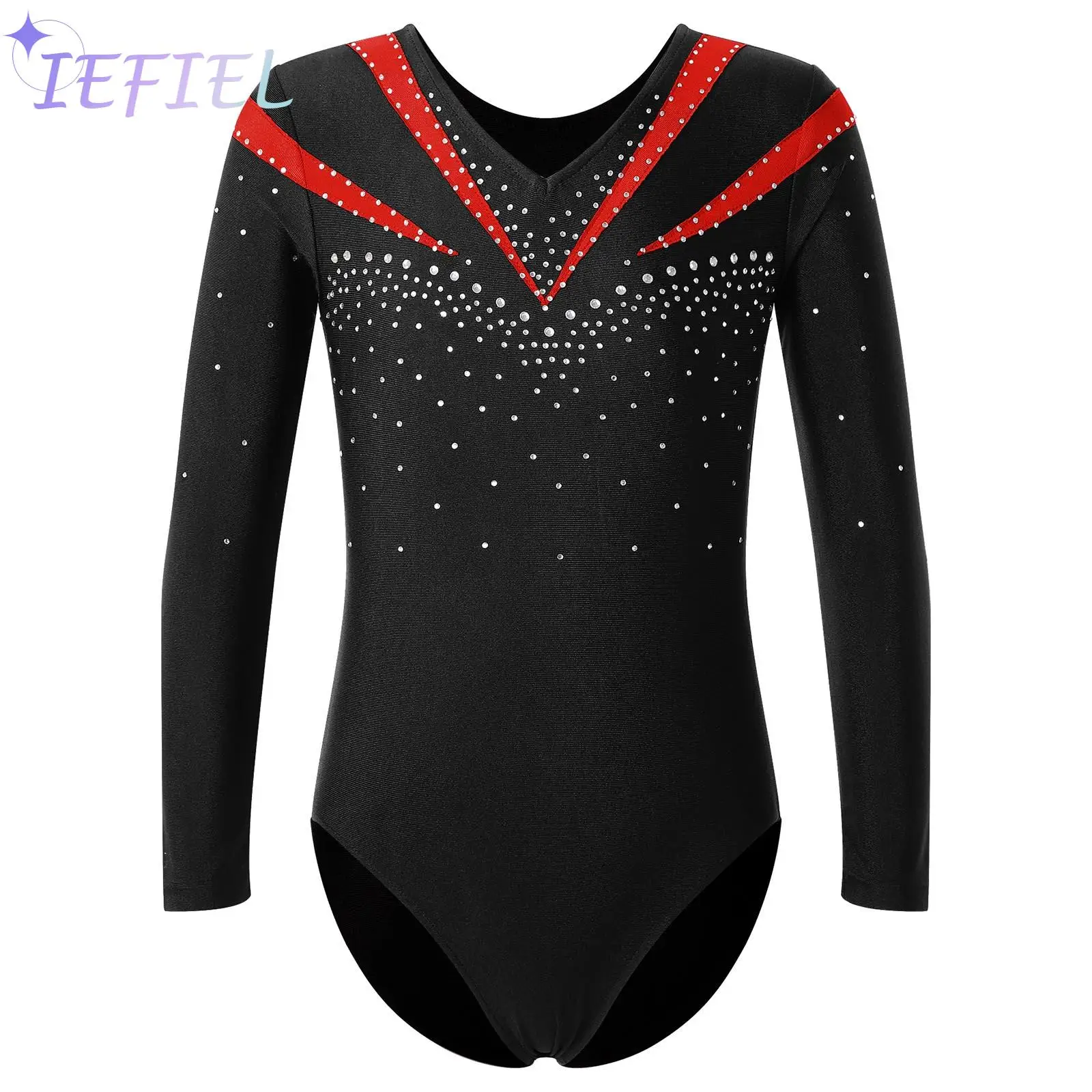 

Teen Girls Ballet Modern Dance Leotard Long Sleeve Shiny Rhinestone Decorated Slim Fit Gymnastics Workout Dance Bodysuit