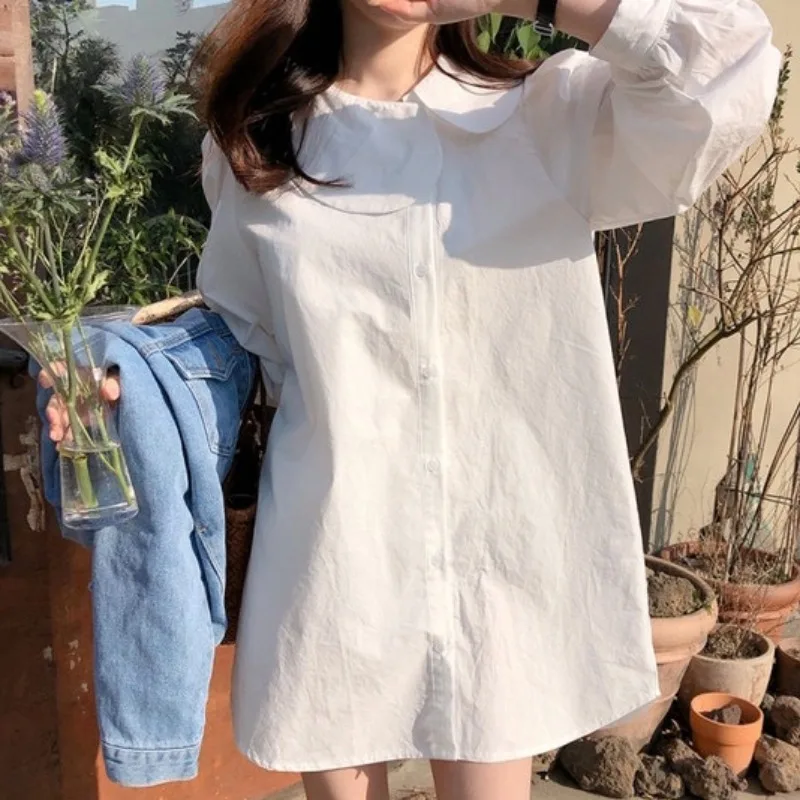 

Платье женское шикарное свободное с пышными длинными рукавами, белое повседневное однобортное мини-платье для кукол с синим минималистски...