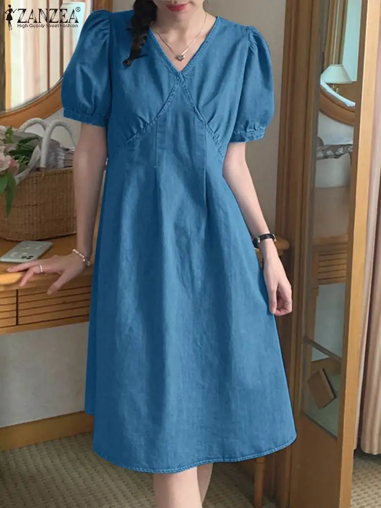 

ZANZEA Elegant Office Denim Dress Women Fashion Puff Sleeve Waisted Knee-length Dress Solid Color Casual Vestidos Summer Robes
