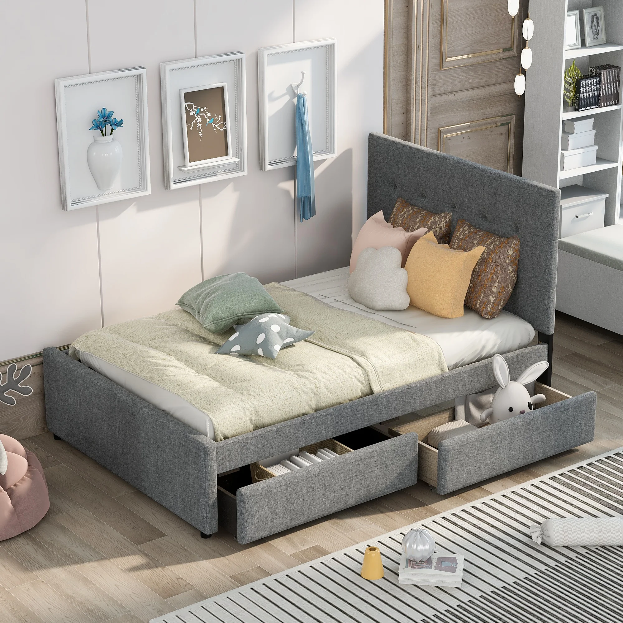

Home Minimalist Modern Wooden Furniture Bedroom Bed Frames Base Linen Upholstered Platform Bed With Headboard Two Drawers Full