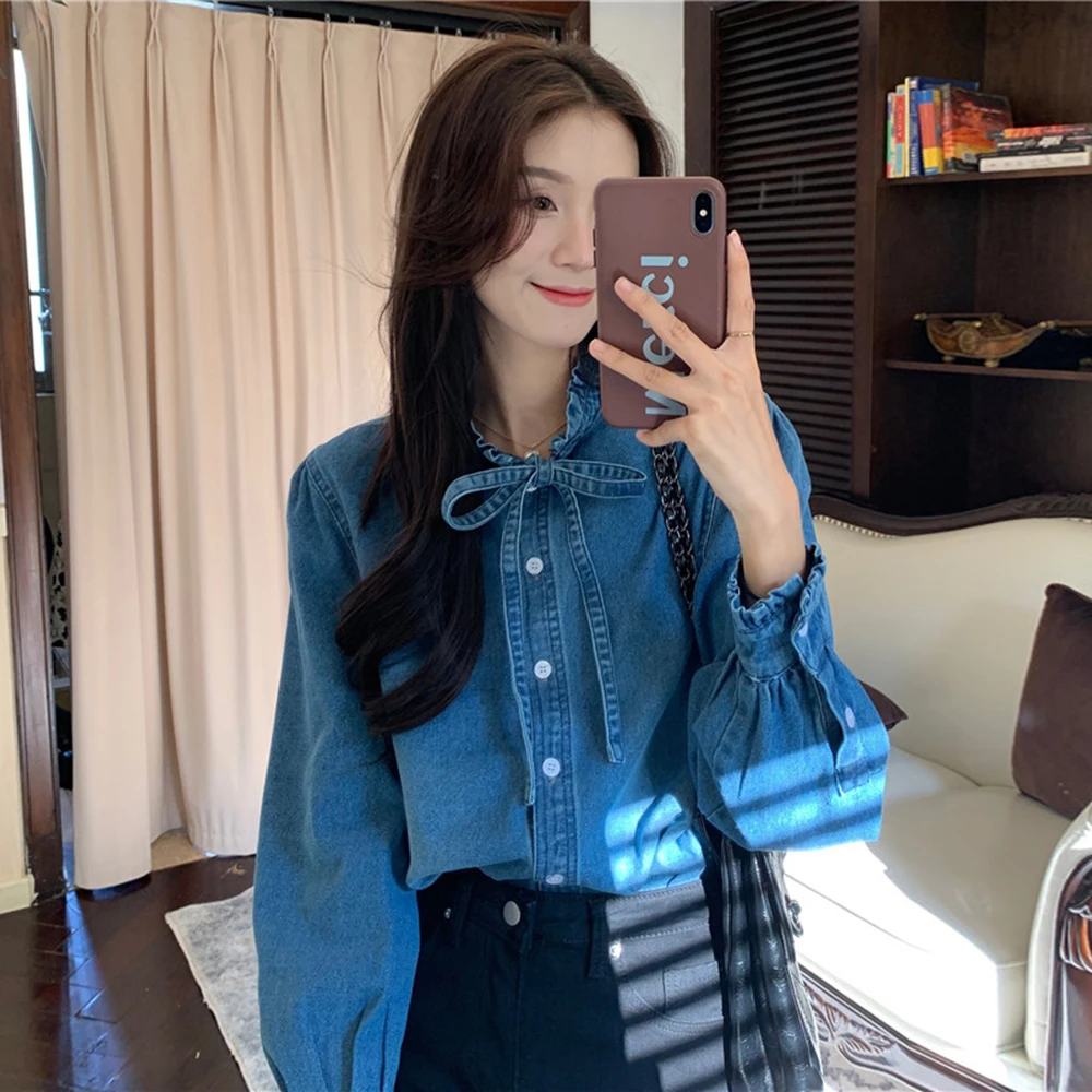 Женская однобортная джинсовая рубашка элегантная простая Весенняя блузка
