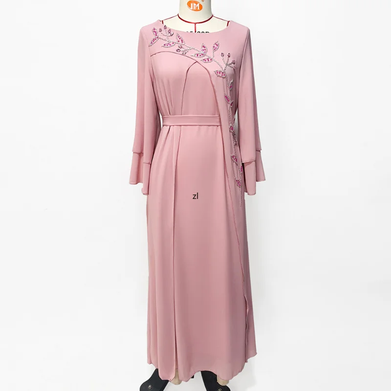 Women's Dresses Luxury Floral Rhinestone Belted Kaftan Double Layer Chiffon Flare Sleeve Party Evening Dress