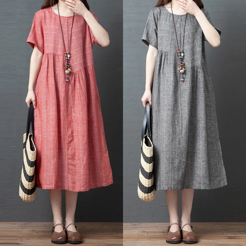 

Literary Loose Stitching Plaid Cotton Linen Round Neck Short-sleeved Dress Women's Mid-length Skirt Dropship Wholesale