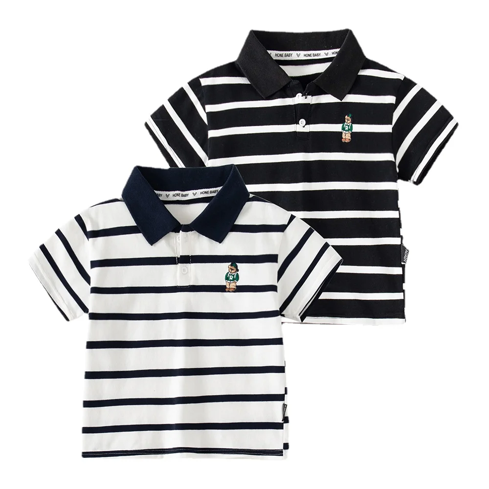 Летняя футболка для детей 4, 6, 8 лет, хлопковые топы с коротким рукавом для маленьких мальчиков, одежда с отложным воротником, белая, черная полосатая футболка, футболки