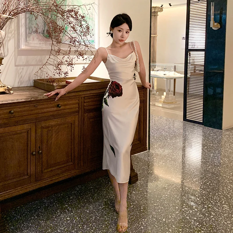 

French Rose Print Swinging Neck Satin Strap Dress Premium Long Sexy Slim Fit Fishtail Dress Summer
