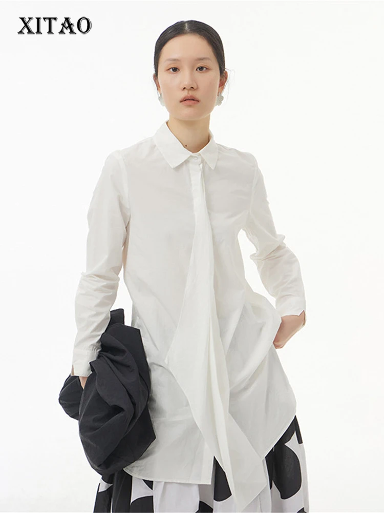 

XITAO White Blouse Single Breast Pleated Full Sleeve Goddess Fan Casual Style 2022 Spring Minority Loose Shirt Top WMD5342