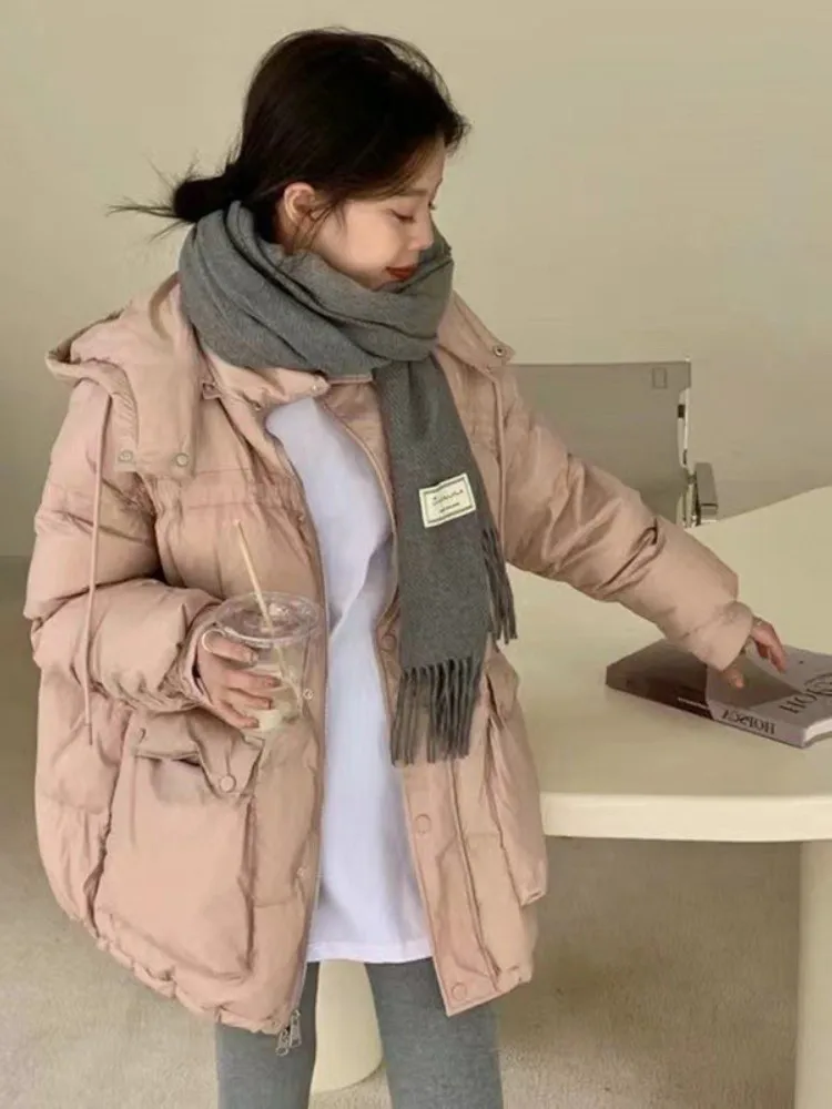 

Down Jacket 90% White Duck Down Jacket Winter Jacket Women Solid Turndown Collar Hooded Loose Warm Coat Streetwear New Fashion