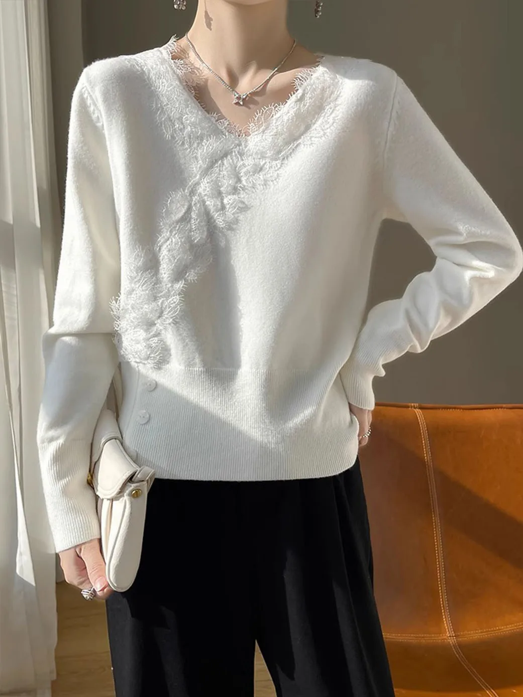 Angora Top Women 00 Pure Cashmere Autumn and Winter V-neck Knitted Bottoming Shirt This Year's Popular Temperament Design Se...