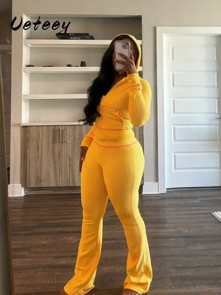 Женский костюм Ueteey с длинным рукавом капюшоном и расклешенными брюками уличный