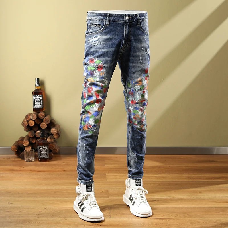 High Street Fashion Men Jeans Retro Blue Elastic Ripped Jeans Men Painted Designer Hip Hop Pants Hombre Stretch Skinny Trousers