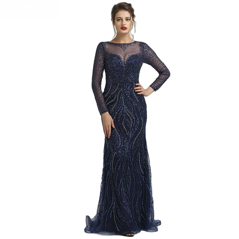 

Navy Mermaid O Neck Long Sleeves Evening Dresses Customized Grey Beaded Women Formal Party Gowns