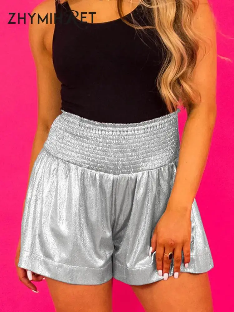 ZHYMIHRET Bling Bright Silk A Line Pleated Women's Shorts 2023 Summer Elastic Highg Waist Y2k Shorts Holiday Festival Outfit