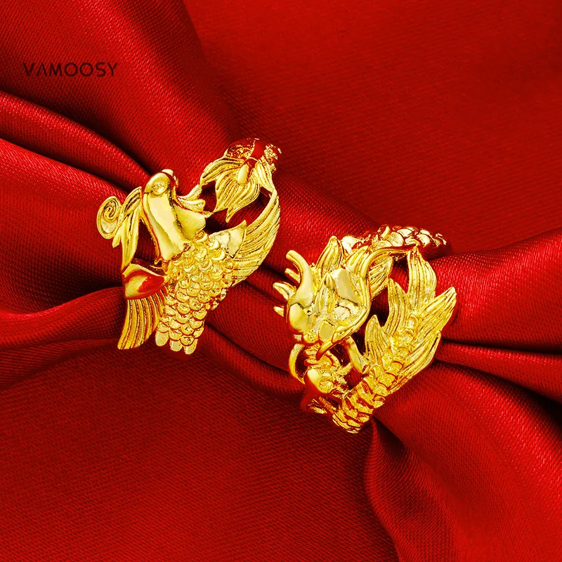 

VAMOOSY Chinese Traditional Dragon Phoenix Couple Rings for Women Men Mythology Open Rings Wedding Engagement Finger Jewelry