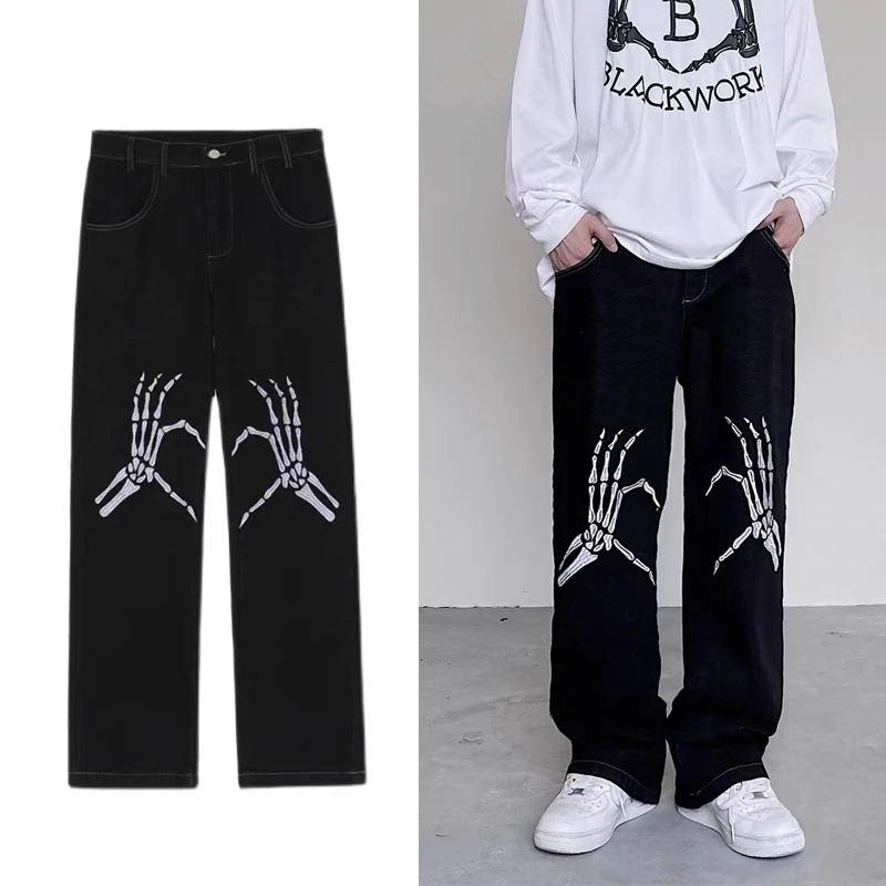 

Skull Graphics Loose Jeans Men's Vintage Oversized Wide Leg Pants Hip Hop Streetwear Skateboard Unisex Denim Trousers Women's