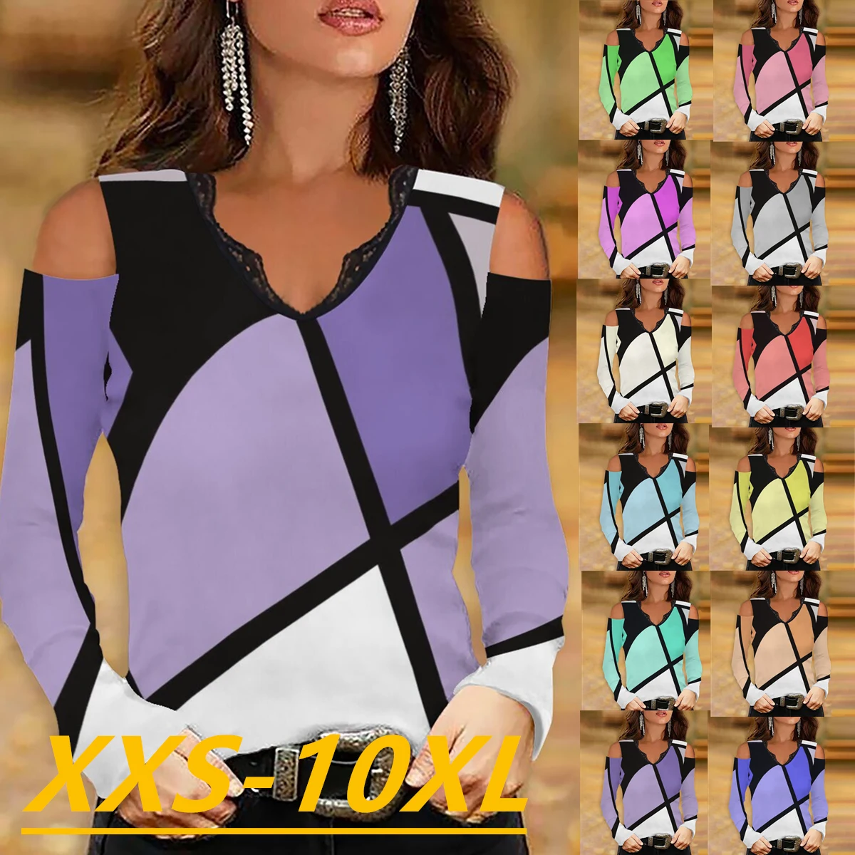 

Fall/Winter 2022 Fashion Women's Geometric Print V-Neck Off Shoulder Long Sleeve Casual Plus Size Top XXS-10XL