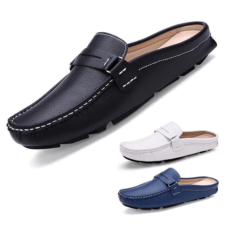 Fashion Leather Loafers Moccasins Outdoor Non-slip Casual Driving Shoes Men Mules Slides Comfortable Beach Sandals