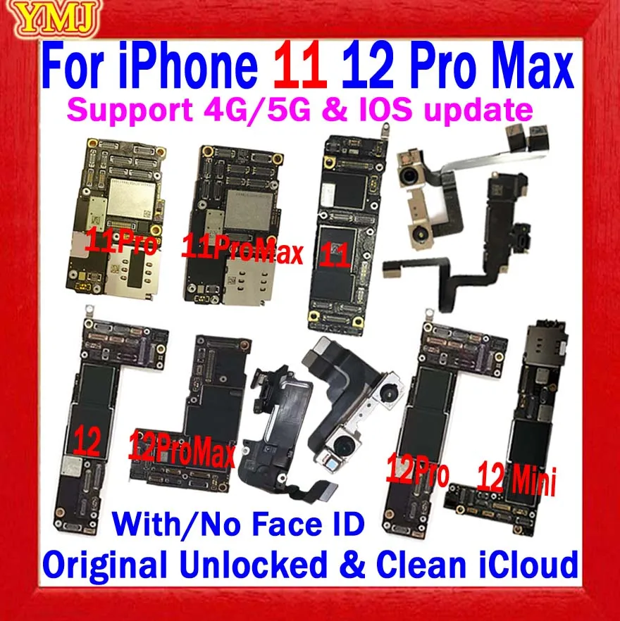 Replace For iPhone 11 pro max / 12 pro max Motherboard Original Unlocked Free icloud With/No Face ID Logic board Support Update