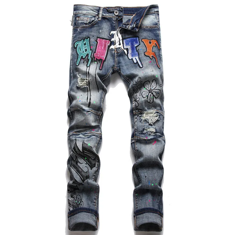 

Men's Fashion Ripped Jeans Pants With Rhinestones Embroidery Hi Street Distressed Denim Trousers Streetwear Bottoms Washed