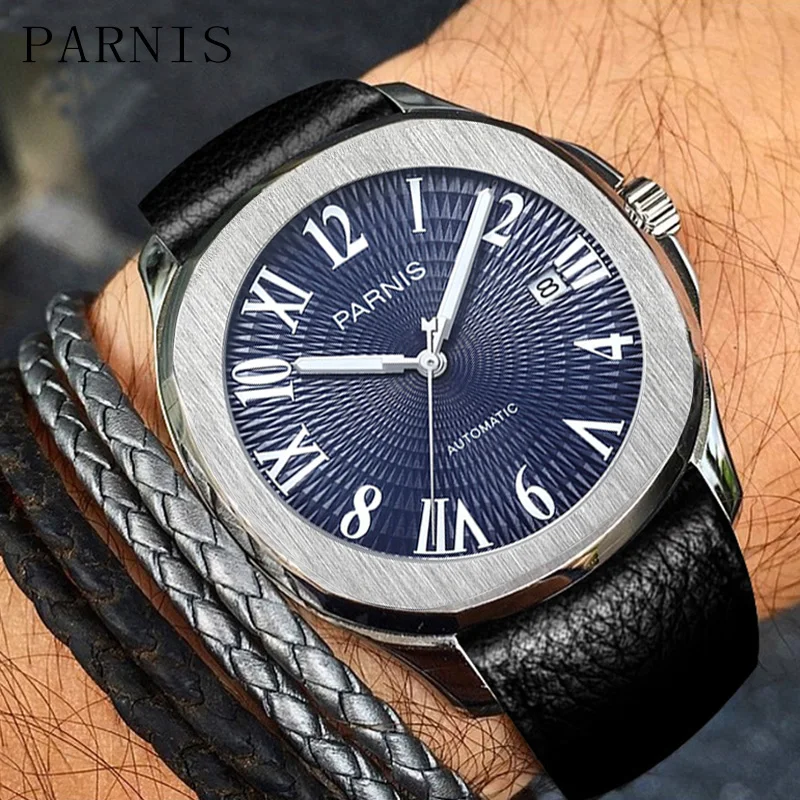 

Fashion Parnis 38.5mm Blue Dial Automatic Men's Watch Leather Strap Sapphire Glass Mechanical Luxury Watches montre luxe homme