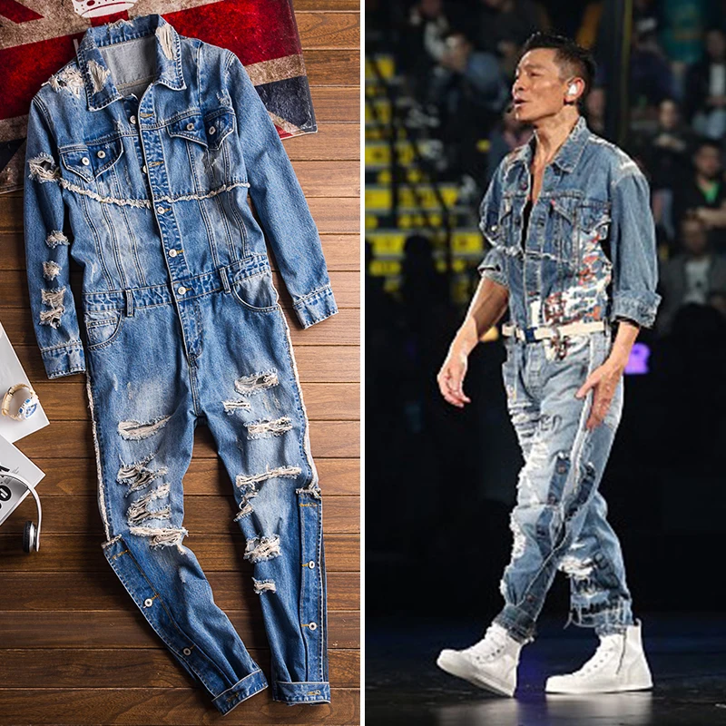 Spring New Fashion Men Brand Jeans Loose Casual Overalls Mens Work Attire Male Personalized Graffiti Jumpsuit High Quality Coat